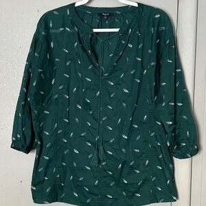 Madewell Emerald Green Boho Peasant Top 3/4 sleeve Feathers/Tassel 100% cotton S